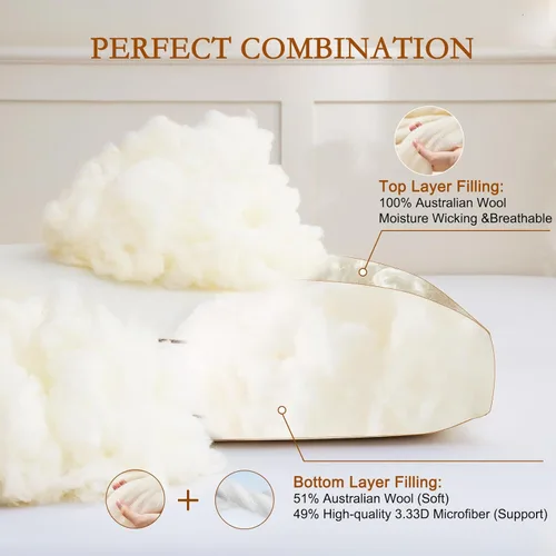 Miniatura 4 de YOUR MOON Almohada de lana natural tamaño individual, almohadas de cama de apoyo suave para dormir, relleno de lana australiana premium con funda
