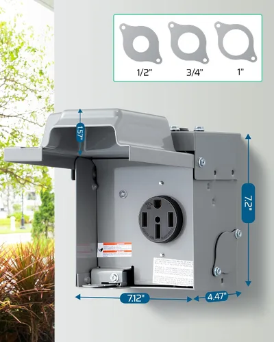 Miniatura 8 de DEWENWILS Caja de toma de corriente de 50 amperios RV, 125V/250V NEMA 14-50R, salida RV cerrada y con candado, resistente a la intemperie, salida