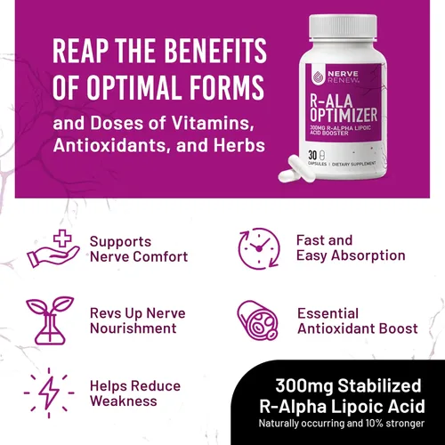 Miniatura 5 de NERVE RENEW Optimizer - Suplemento de apoyo nervioso - 30 cápsulas - 300 mg de ácido R-alfa lipoico estabilizado por cápsula - Absorción rápida