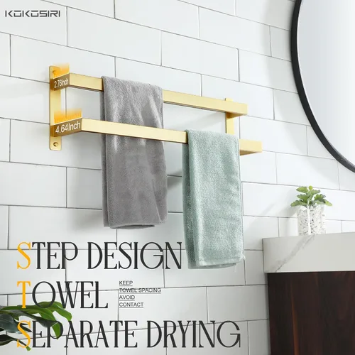 Miniatura 5 de KOKOSIRI Barras para Toallas de Baño de 2 Niveles Tipo Escalera Dorado Cepillado Rieles para Toallas de 24 Pulgadas Soportes para Toallas Montados
