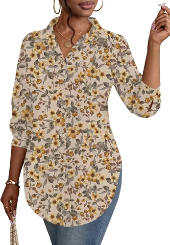 Miniatura 25 de Rooscier Blusa larga con cuello en V para mujer, manga larga, abertura lateral, con botones