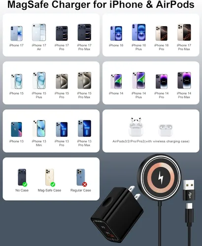 Miniatura 7 de Cargador MagSafe para iPhone 17e 16 15 14 13 12 Pro Series, almohadilla de carga inalámbrica magnética de 15 W con cable USB-C y adaptador de pared