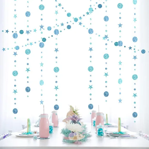 Decoración de fiesta azul con círculos de estrellas azules, guirnalda colgante de serpentinas para colgar, decoración de banderines de estrellas con