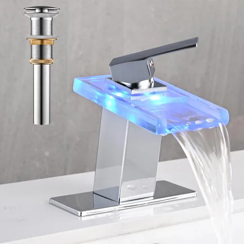 AVSIILE Grifo LED para lavabo de baño, cascada cromada, mango de un solo agujero, 1 agujero con drenaje desplegable de metal y 2 líneas de Cromo