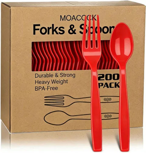 Miniatura 8 de MOACOCK 200 piezas de cubiertos de plástico negro plateado, tenedores y cucharas de plástico de peso pesado, juego de utensilios desechables