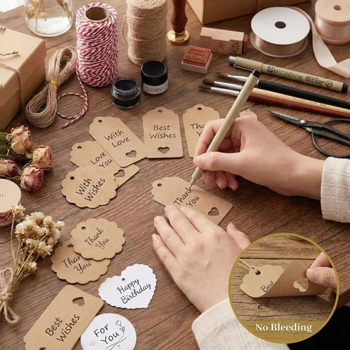 Miniatura 4 de SallyFashion Paquete de 200 etiquetas de regalo con cuerda adjunta, 3 diseños diferentes, etiquetas en blanco y marrón, etiquetas de regalo