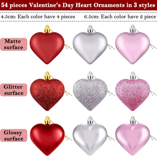 Miniatura 2 de Duufin 54 adornos de corazón para el día de San Valentín, adornos con forma de corazón, adornos colgantes con purpurina para San Valentín, árbol
