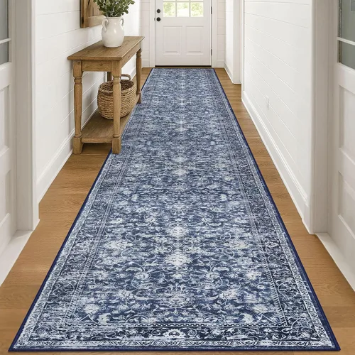 Miniatura 84 de KILOCOCO Alfombra lavable de 2 x 3 para entrada, estampado floral vintage, suave, antideslizante, azul, alfombras de cocina, tapete