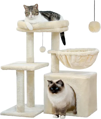 PEQULTI Pequeño Árbol para Gatos, [72.4 cm] Torre para Gatos de Interior, Árbol de Actividad de 2 Estilos con Postes para Rascar, Gran Hamaca y Beige