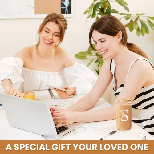 Miniatura 7 de SANDJEST Regalos con monograma para mujer, taza de vidrio con inicial, monograma A, taza de café de 16 onzas con tapa y pajita, iniciales