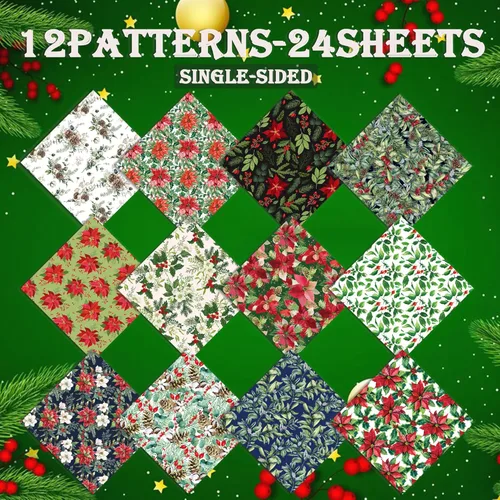 Miniatura 3 de Papel de recortes de Navidad de Poinsettia, 24 hojas de 6 pulgadas, de una sola cara, sin ácidos, papel de patrón floral de Navidad plegado plano
