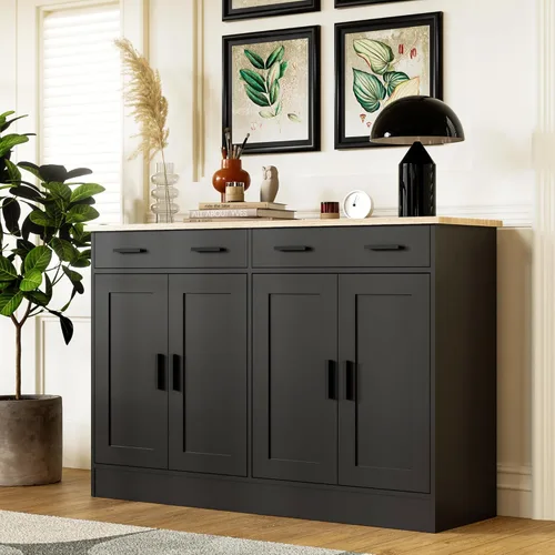 Miniatura 8 de Anystyle Armario de buffet negro de 53 pulgadas con almacenamiento, aparador de cocina, servidor de buffet con 2 cajones y 4 puertas, moderno