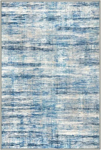 Miniatura 8 de KOZYFLY Tapete de entrada abstracto de 2 x 3 pulgadas, lavable, antideslizante, suave, para área pequeña, color azul y beige, moderno, a rayas