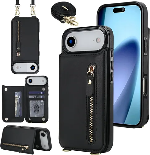 Miniatura 26 de Funda cruzada para teléfono iPhone 13 Pro Max de cuero con tarjetero, funda protectora extraíble, correa de cuero ajustable con botón, compatible