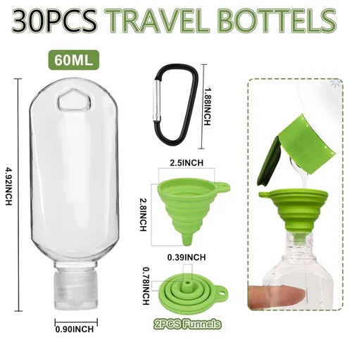 Miniatura 2 de Abodhu 30 botellas de viaje vacías para desinfectante de manos con llavero de 2.03 oz/2.0 fl oz, portátil, transparente, a prueba de fugas