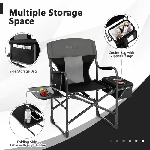 Miniatura 7 de COSTWAY Silla de camping plegable, silla de director de alta resistencia soporta 400 libras para adultos con mesa auxiliar, bolsa refrigeradora