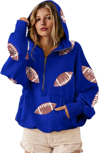 Miniatura 26 de SeekMe Sudaderas con capucha de lentejuelas para mujer, para el día del partido, suéteres de manga larga con cremallera y bolsillo