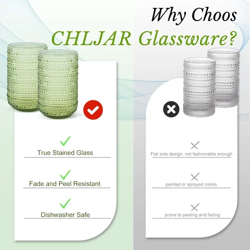 Miniatura 4 de CHLJAR Hobnail - Juego de 6 vasos para beber, juego de cristalería vintage de 14 onzas, vaso de agua verde en relieve para cerveza, jugo, cóctel