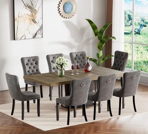 Miniatura 106 de Juego de mesa de comedor extensible de 5 piezas, juego de mesa de comedor extensible de estilo granja para 4, mesa de cocina expandible de madera