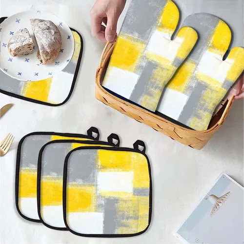 Miniatura 3 de MCALK Juego de 5 guantes amarillos para horno y soportes para ollas, guantes de horno grises y almohadillas calientes para cocina de cocina