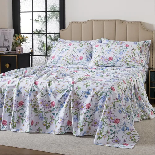 Miniatura 45 de FADFAY Juego de sábanas tamaño King, 100% algodón, elegante ropa de cama de granja con hojas verdes menta y flores blancas, sábana suave