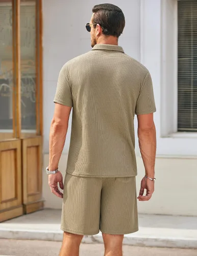 Miniatura 42 de COOFANDY Conjunto de camisa polo y pantalones cortos de punto gofre para hombre, conjunto de 2 piezas, traje de verano casual con bolsillos