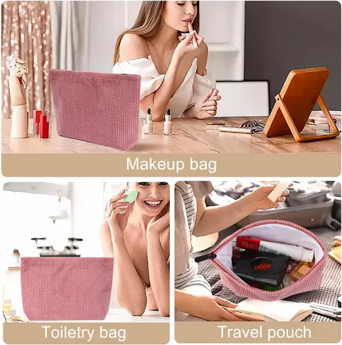 Miniatura 5 de Wudimeitt Bolsa de cosméticos Bolsa de maquillaje Preppy Cute Corduroy Neceser para mujer Artículos esenciales de viaje (rosa)