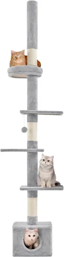Miniatura 10 de Yaheetech Árbol para gatos, torre de piso a techo para gatos grandes, árbol de escalada alto ajustable de 89-104.5 pulgadas con postes rascadores