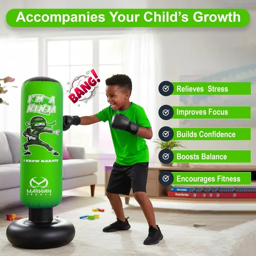 Miniatura 3 de Marwan Sports Ninja Inflatable Punching Bag for Kids 4-12, Indoor Active Play for Sensory Seekers & High-Energy Kids, 63" 5-in-1: Gloves, Manual
