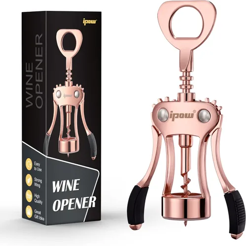 IPOW Abridor de vino, abridor de botellas de vino de aleación de zinc, sacacorchos de ala resistente, sacacorchos multifuncional manual para Oro rosa