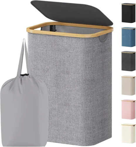 Miniatura 19 de Lifewit Cesta de ropa de 120L con tapa, cestas de ropa para lavandería con asas de bambú y una bolsa de lavandería extraíble, cesta plegable grande