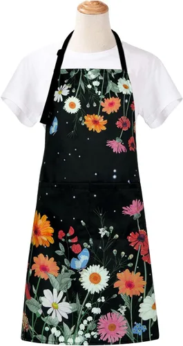 Miniatura 8 de ASPMIZ Delantal floral para adultos, delantal impermeable para mujer con 2 bolsillos, delantales de cocina de flores con correa ajustable