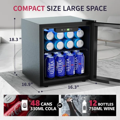 Miniatura 2 de Icyglee Refrigerador de bebidas para 48 latas, Mini refrigerador con puerta de vidrio con estantes ajustables, Refrigerador de bebidas independiente