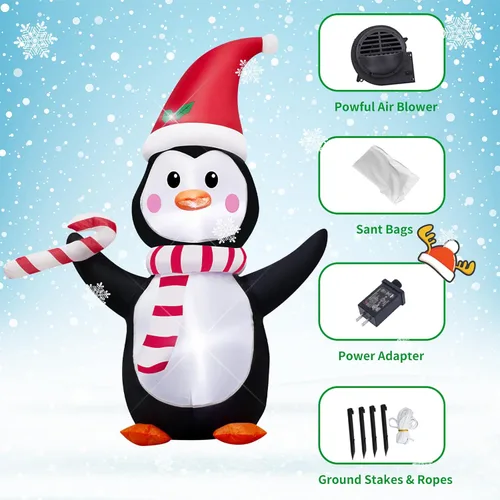 Miniatura 7 de AJY Pingüino inflable de Navidad de 4 pies con luces LED de dulce para decoración navideña inflable para interiores y exteriores, patio, césped