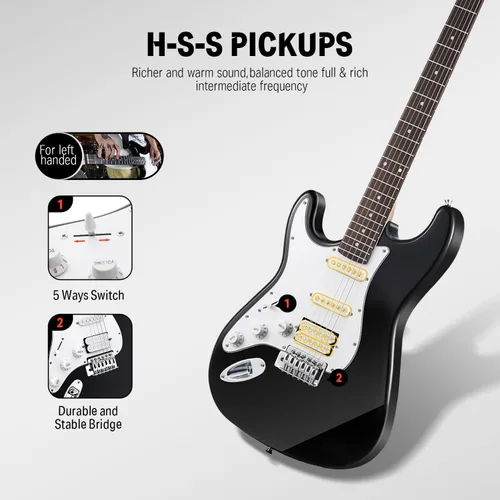 Miniatura 4 de Kit de guitarra eléctrica Donner de 39 pulgadas para zurdos, cuerpo sólido, principiantes, tamaño completo, negro, con amplificador, lección