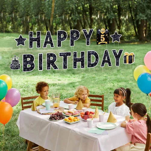 Miniatura 7 de Letrero de feliz cumpleaños con estacas, 18 piezas de letrero negro de feliz cumpleaños con luz LED de 49.2 pies, letrero grande personalizado