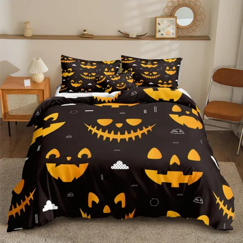 Miniatura 12 de Juego de funda de edredón de calabaza para Halloween, divertido diseño de calabaza malvada, color negro, juego de ropa de cama Tiwn 1 funda