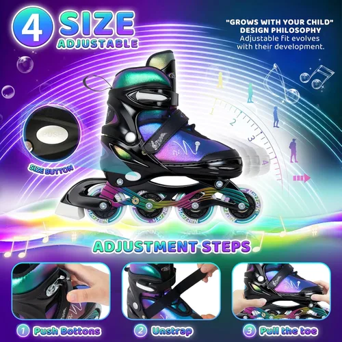 Miniatura 5 de Nattork Patines en línea ajustables para niños y adolescentes con ruedas iluminadas, color degradado, deslizamiento suave Negro