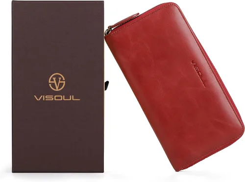 Miniatura 44 de VISOUL Cartera larga de cuero con cremallera para hombres y mujeres con bloqueo RFID, cartera larga de embrague grande con cremallera, Negro