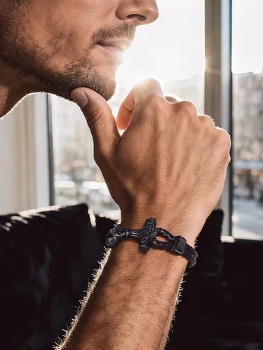 Miniatura 4 de Bandmax Pulsera trenzada de cuero negro para hombre con colgante gótico punk, pulsera de cuero con hebilla de acero inoxidable, paquete de regalo