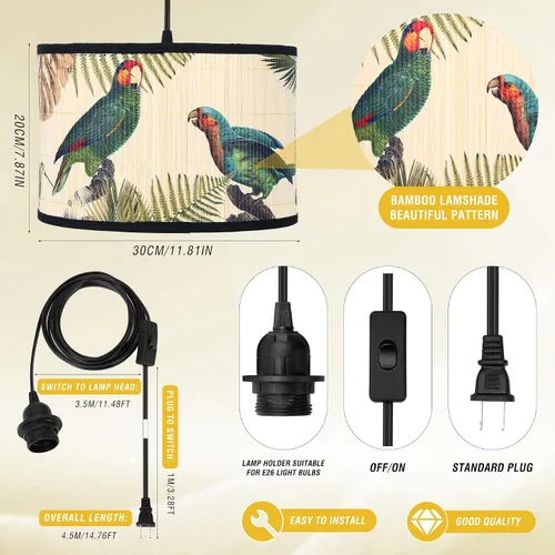Miniatura 4 de Bioaqua - Lámpara colgante de bambú con cable enchufable (15 pies), lámpara colgante de macramé estilo bohemio con patrón, luces colgantes bohemias