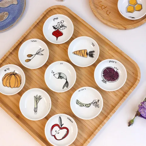 Miniatura 2 de Studio - Plato de alta calidad de Rosh Hashanah hecho a mano de 13 pulgadas, decoraciones y adornos de mesa judíos, viene con cuencos de cerámica