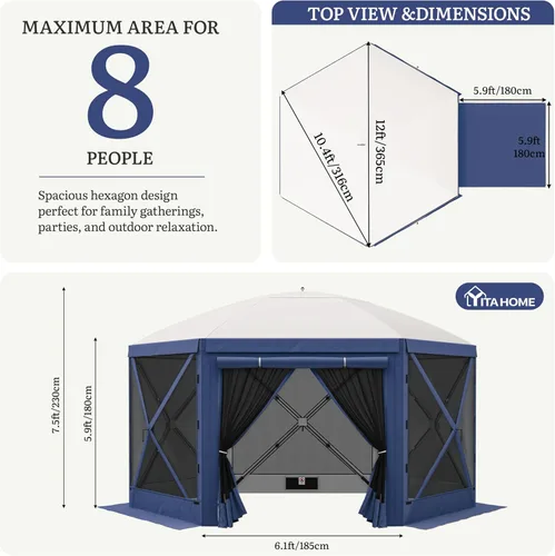 Miniatura 9 de YITAHOME Gazebo de campamento de 12 x 12 pies, toldo portátil desplegable para exteriores, tienda de campaña con pantalla de 6 caras con ventanas