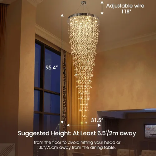 Miniatura 4 de Candelabro de escalera de cristal contemporáneo, lámpara colgante de suspensión para escalera, techo alto, vestíbulo, entrada, 32 pulgadas de ancho