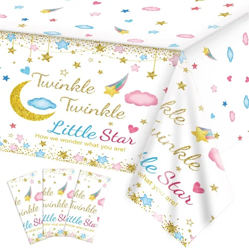 Oigco Paquete de 3 manteles de decoración para fiesta de revelación de género Twinkle Twinkle Little Star, mantel de revelación de género de