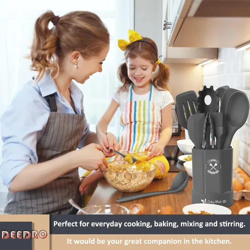 Miniatura 6 de Deedro - Juego de utensilios de cocina de silicona, 16 piezas de utensilios de cocina de silicona, resistentes al calor, con soporte, espátula Gris