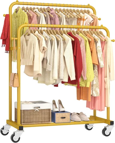 Miniatura 12 de Laiensia - Perchero de doble varilla con ruedas, estante para colgar ropa, con 4 ganchos, estante multifuncional para ropa de dormitorio