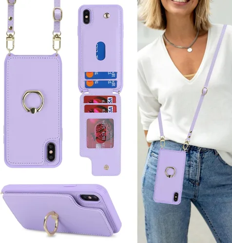 Miniatura 22 de Lipvina para iPhone 11 Pro Funda para teléfono con tarjetero y correa para mujeres, cordón cruzado, soporte de anillo con patas, cierre de presión