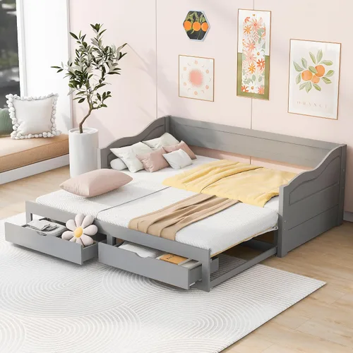 Miniatura 15 de JIVOIT Sofá cama extensible con cama nido y dos cajones de almacenamiento, marco de sofá cama de madera con soportes de listones de madera, diseño