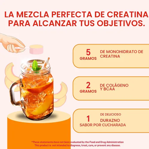 Miniatura 5 de Polvo de Monohidrato de Creatina Peach Perfect, Creatina para el Crecimiento de Glúteos para Mujeres con Colágeno, BCAAs, 5g de Creatina Vegana